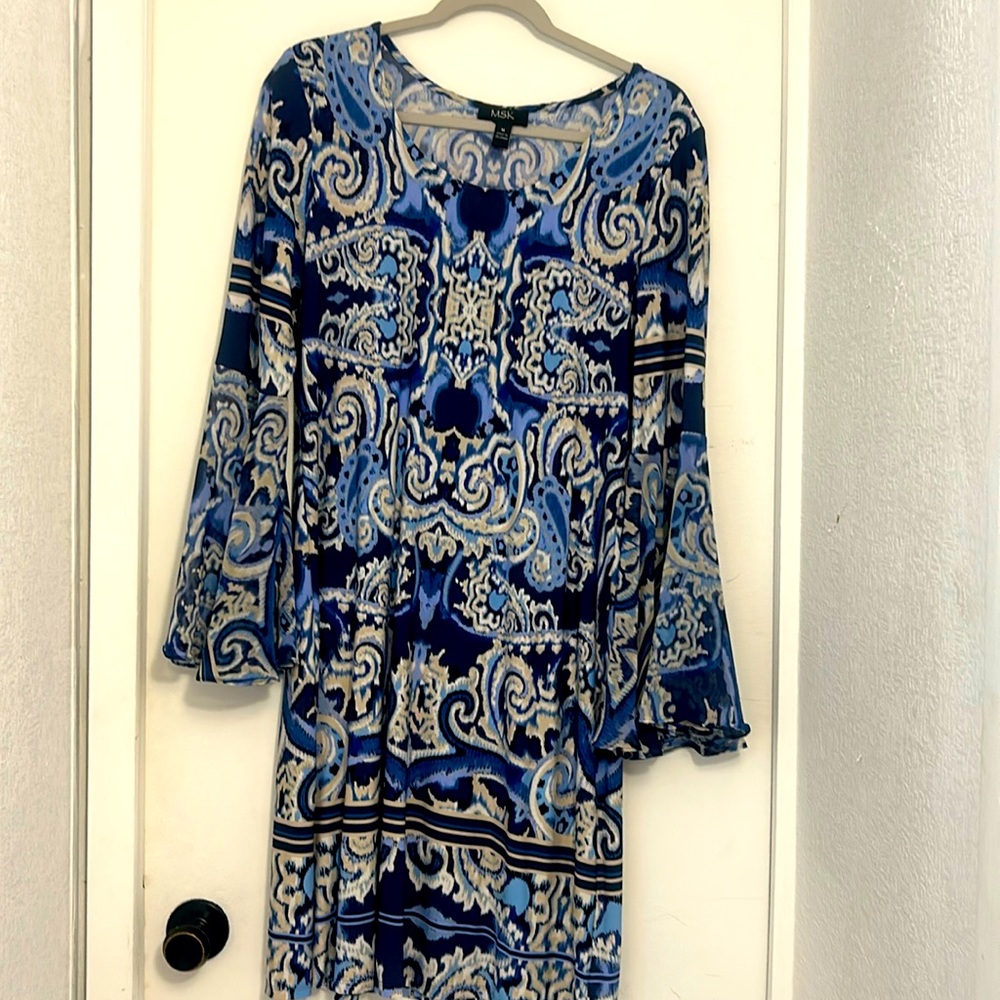 MSK dress with bell sleeves very detailed colors blues and cream